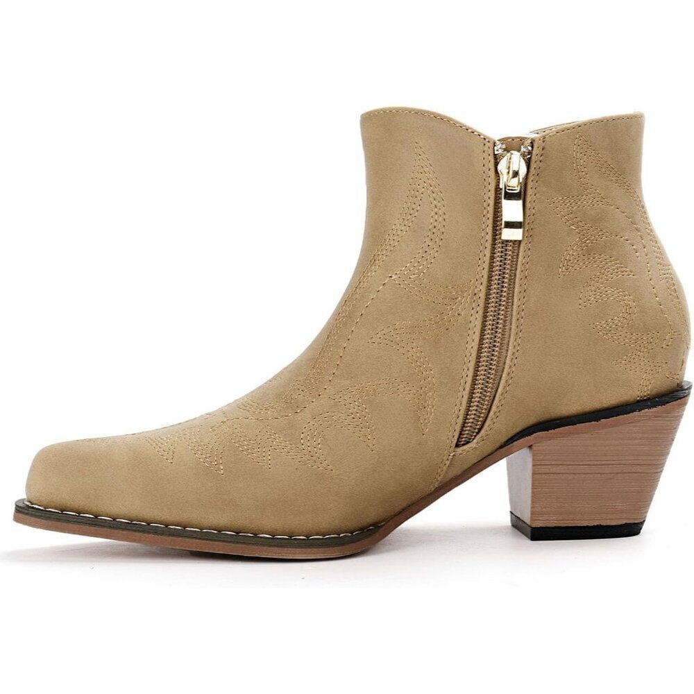 Women's Tan Cowgirl Embroidered Chunky Heel Fashion Snip Toe Casual Boots - Picture 4 of 5
